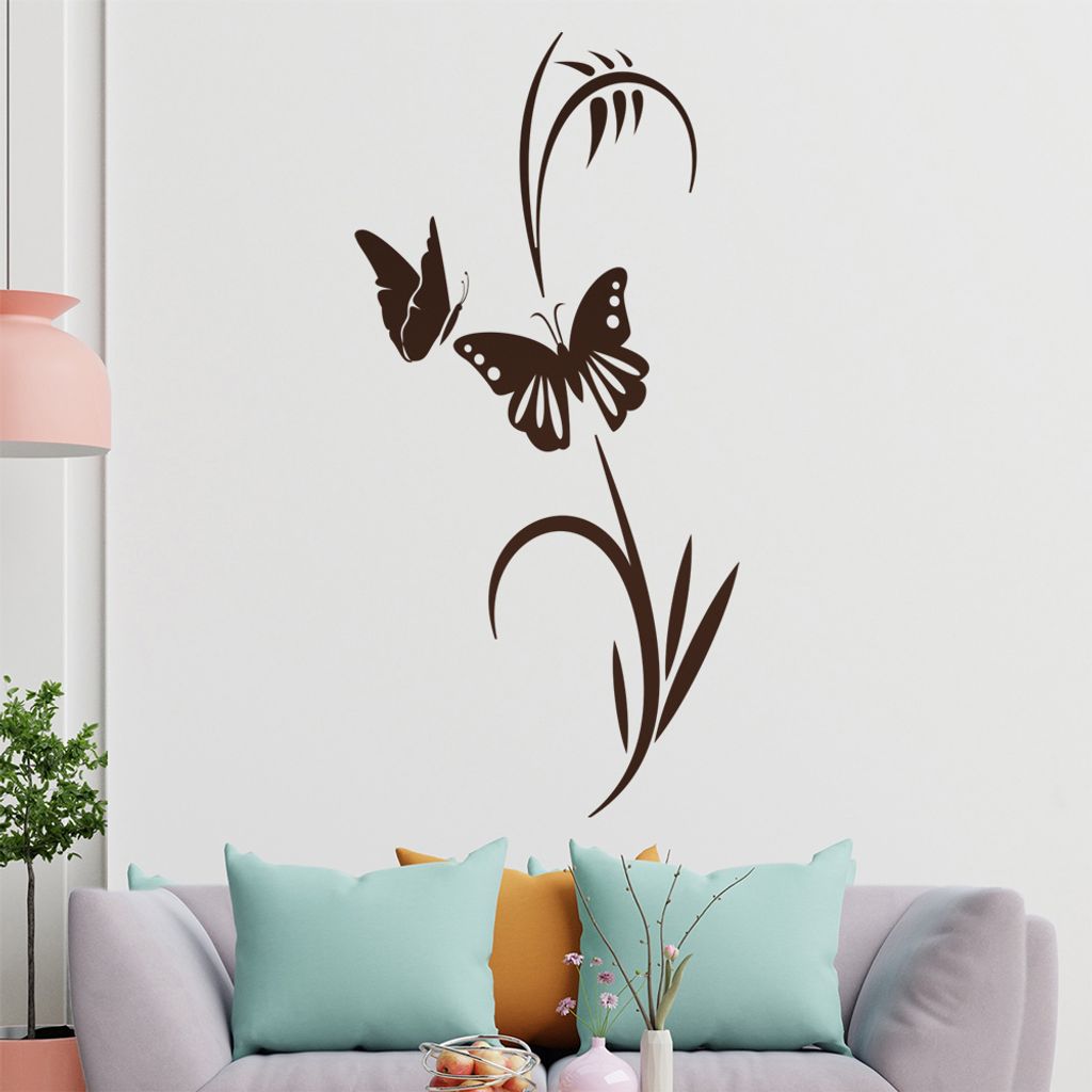 Schmetterlinge - Pflanze - Gräser Wandtattoo in 6 Größen - Wandaufkleber Wall Sticker - Dekoration, Küche, Wohnzimmer, Schlafzimmer, Badezimmer