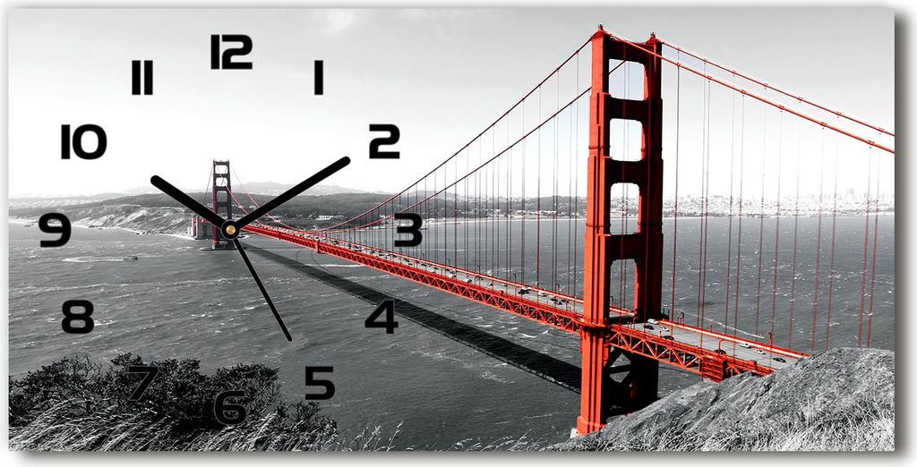 Wanduhr aus Glas – 60x30 cm - Glasbild - Glasuhr - Gehärtetes Glas - schwarze-zeiger - San Francisco-Brücke