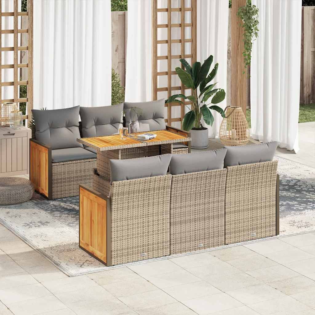 "Rabatt" 7-tlg. Garten-Sofagarnitur - mit sofa - mit Kissen Beige Poly Rattan Akazie - Lounge-Dining set CC12162