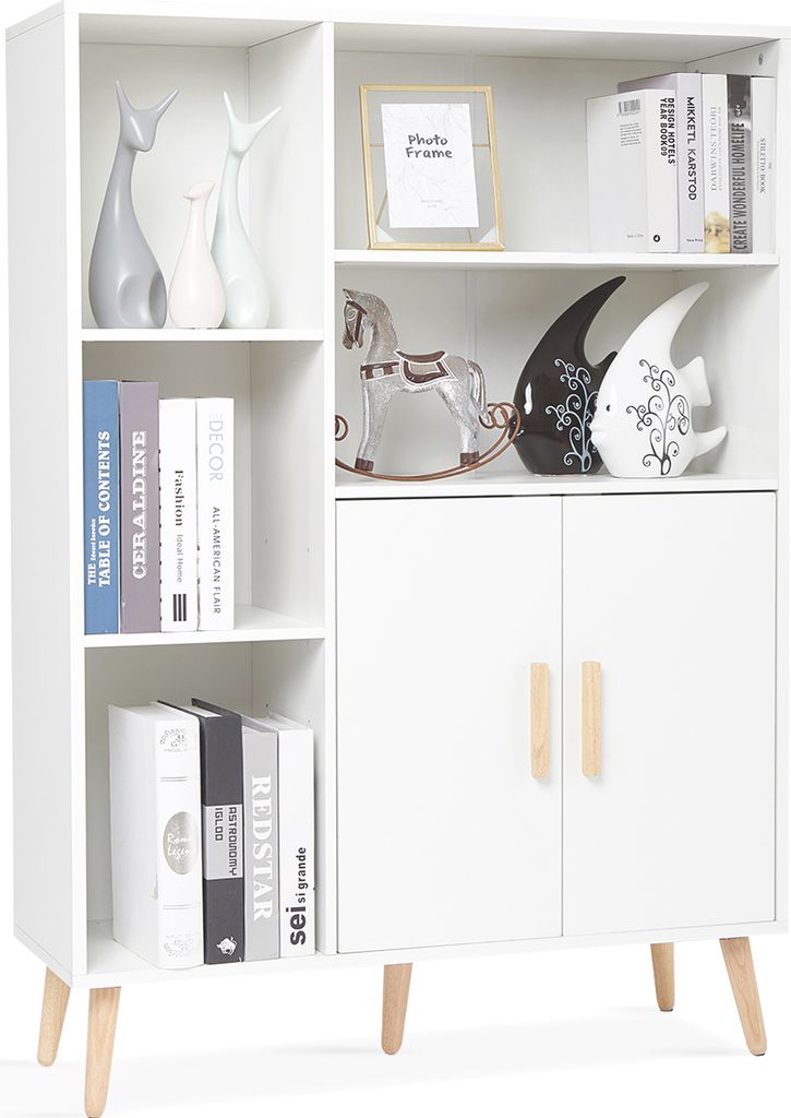 A white sideboard with two doors and five shelves, decorated with various items.