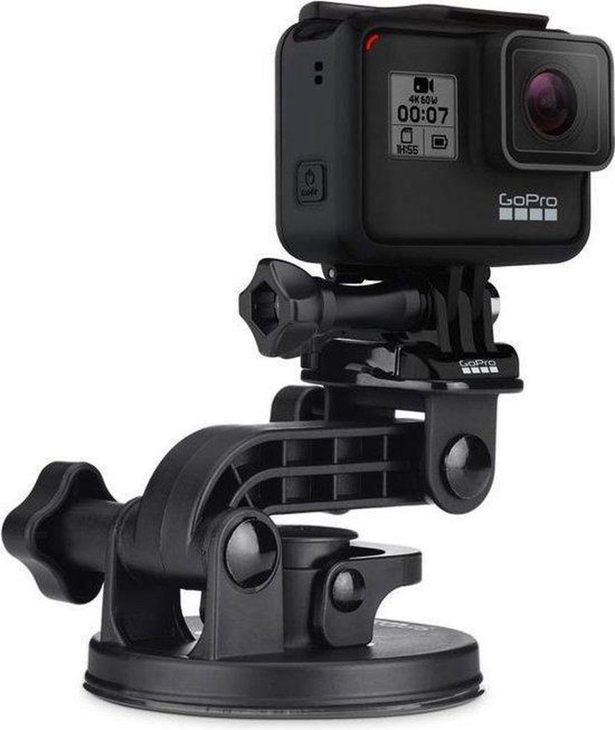 A black GoPro camera mounted on a suction cup holder against a white background.