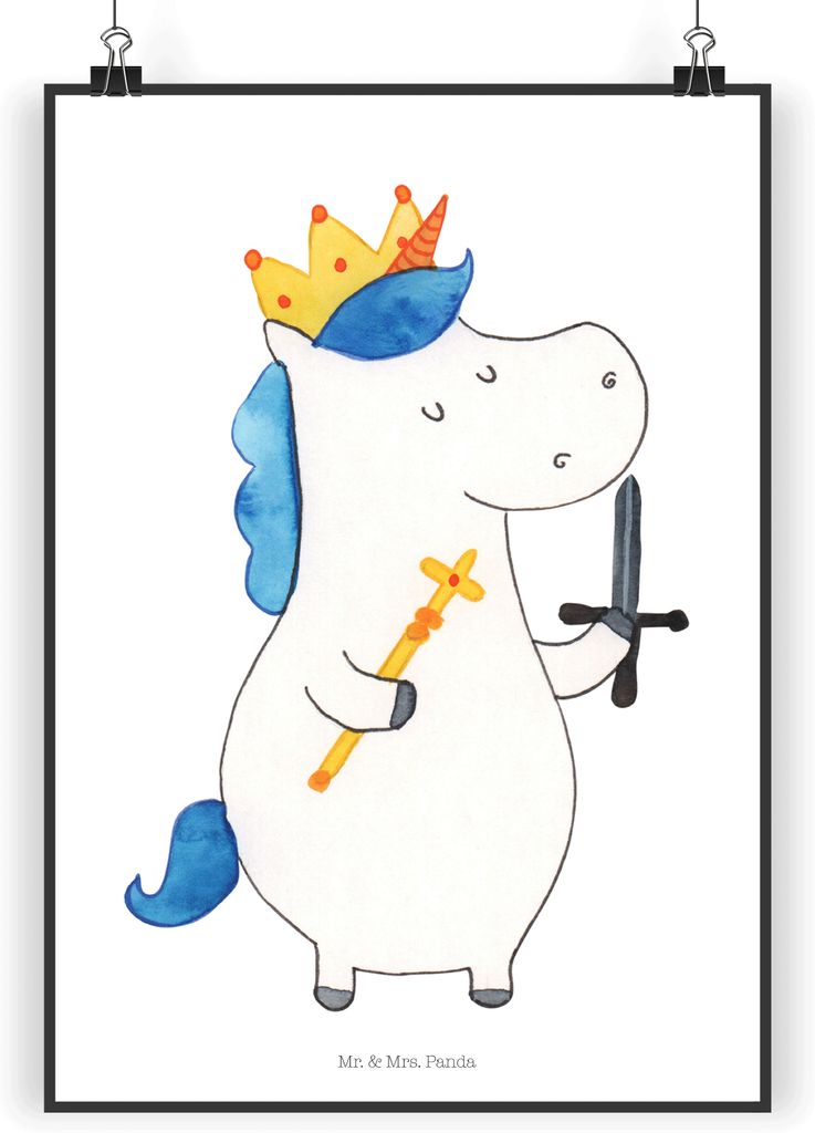 Mr. & Mrs. Panda Bild Einhorn König mit Schwert DIN A3 - Weiß - Geschenk, kunstdruck poster, Einhörner, Unicorn, Ritter, wanddeko, drucke, Plaka...