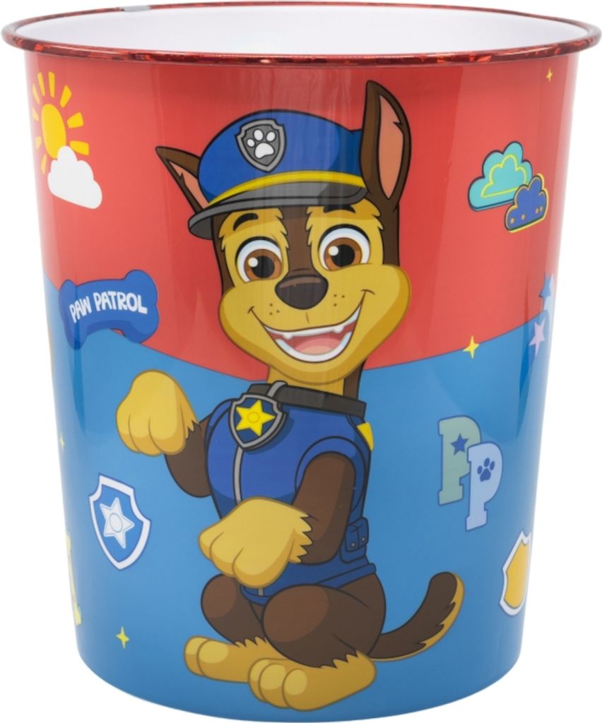 A trash can with Paw Patrol characters.