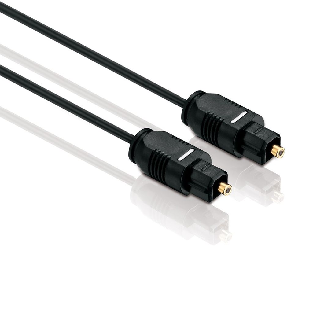 Two black optical audio cables with black connectors and gold-colored tips are shown diagonally against a white background.