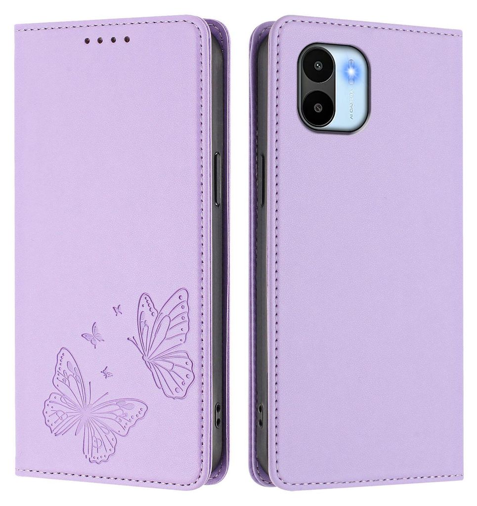 Lederhülle für Xiaomi Redmi A1 / A2, Schmetterling Prägung Leder Brieftasche Schutzhülle mit Ständer Violett