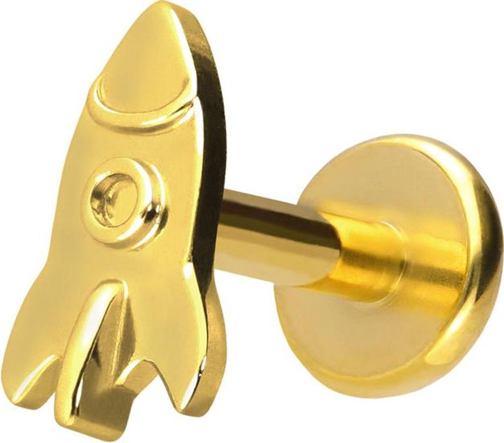 Ohrpiercing, Nasenpiercing Titan Labret mit Push Fit RAKETE Gold Stablänge: 7mm | Stabstärke: 1,2mm