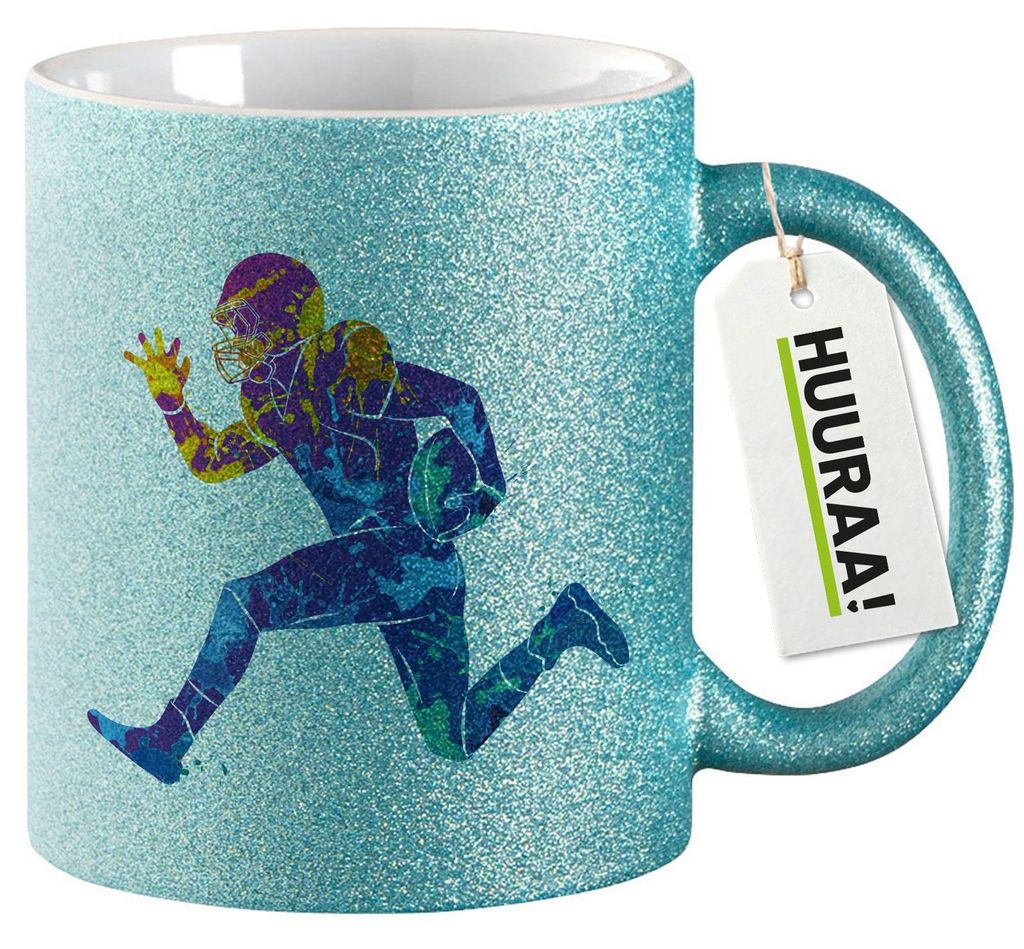 Huuraa Glitzertasse Football Spieler bunte Silhouette 330ml Blau Keramik Kaffeebecher Geschenkidee