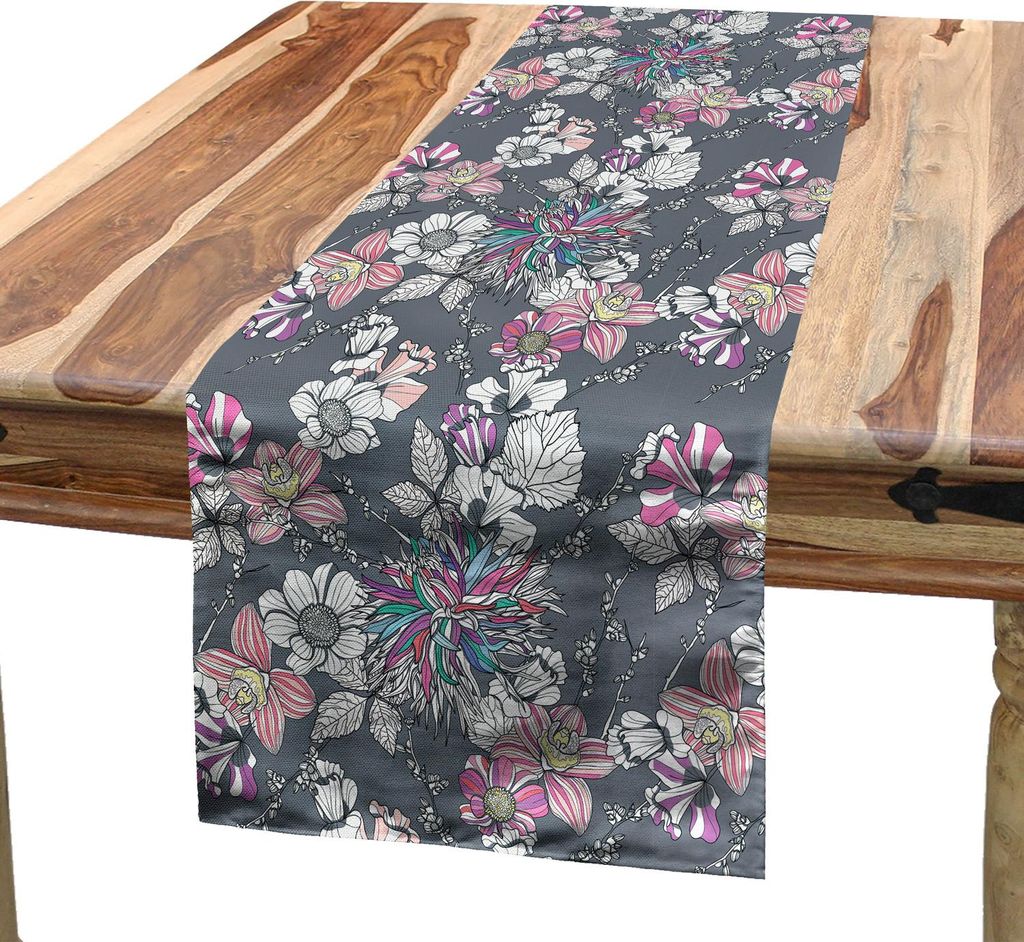ABAKUHAUS Blumen Tischläufer, Dekoratives Design der flockigen Dahlia-Orchidee und des Gänseblümchens im Regenbogen färbt Blumenmuster, 40 x 30...