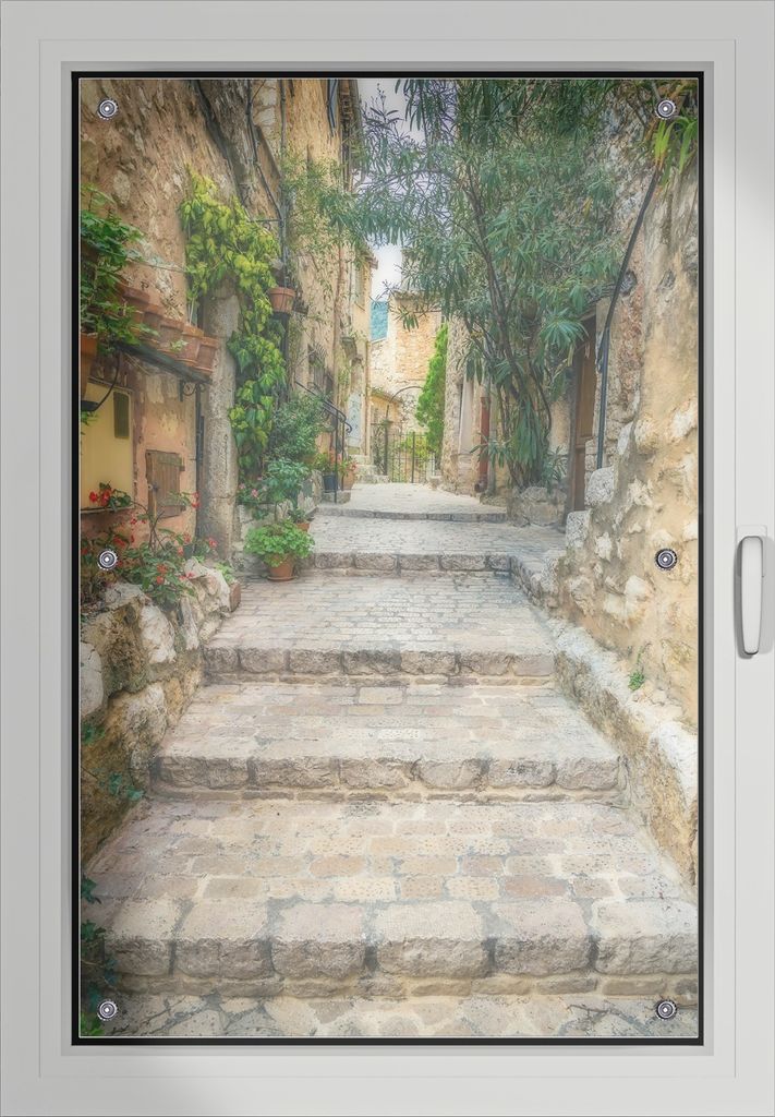 Wallario Lichtschutzbild, Dekorativer Sichtschutz Sonnenschutz 60 x 93 cm mit Motiv: Alte steinerne Gasse in Südfrankreich - Verdunklung ohne Bohren