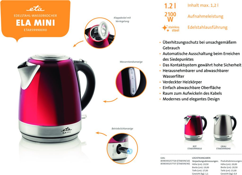Wasserkocher ETA Ela Mini Artikel Nr.: ETA859990010 Kompakt-Wasserkocher, Volumen 1,2 l, Leistungsaufnahme 2100 W.