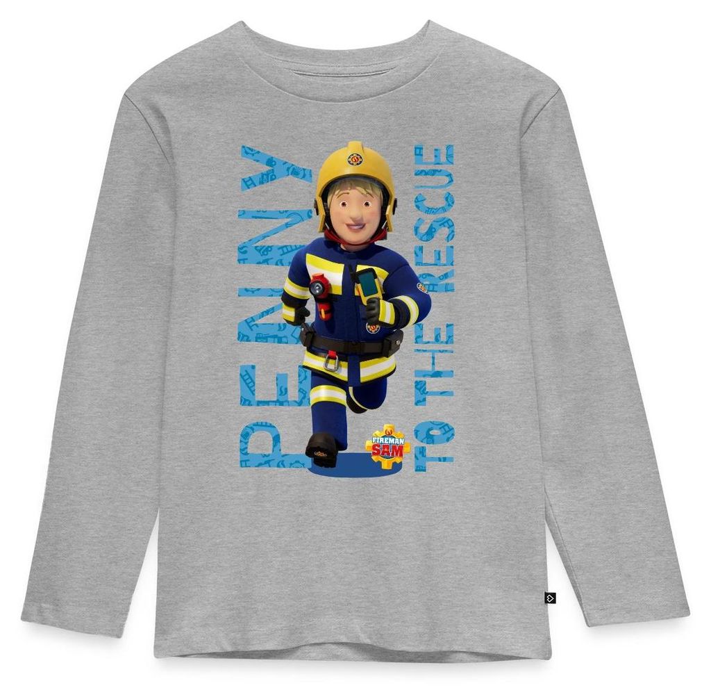Spreadshirt Feuerwehrmann Sam Penny To The Rescue Kinder Premium Langarmshirt, 134/140 (8 Jahre), Grau meliert
