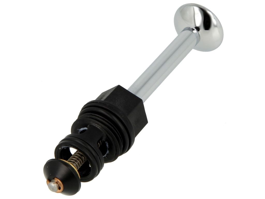 A plumbing valve component with a chrome handle and black plastic housing.