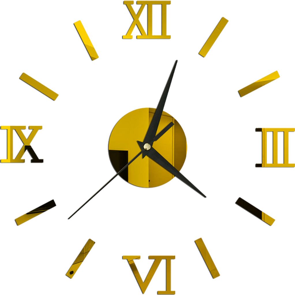 Große 3D-Wanduhr zum Selberbauen, rahmenlos, mit römischen Ziffern und Spiegel, ideal für Wohnzimmer, Schlafzimmer und andere Räume.,golden