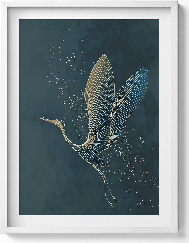 Abstraktion Kranich in Gold– Wandbild mit Rahmen – Gerahmtes Bild – Wanddekoration – 60x80 cm – Weiß Rahmen