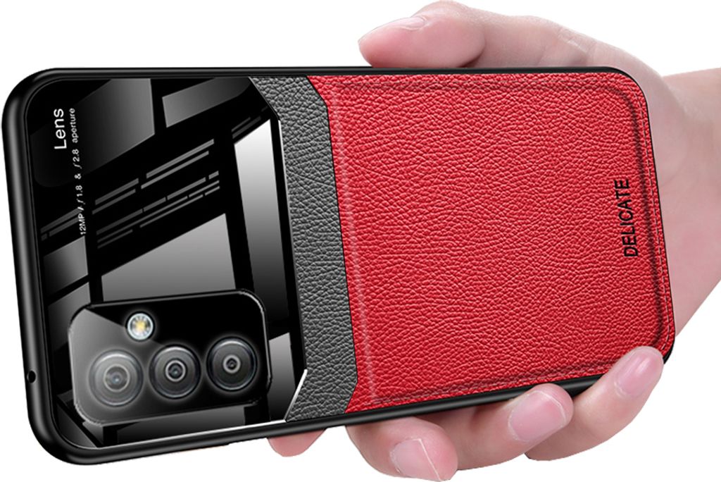 Galaxy M23 Hülle, TPU Stossfest Anti-rutsch Leder Glas Len Hybrid Schutzhülle für Samsung Galaxy M23 Rot