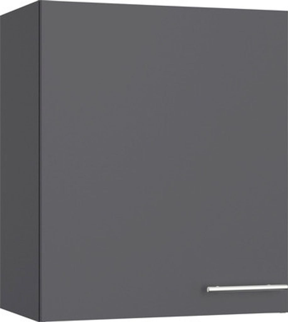 A close-up, front-facing view of a dark gray cabinet door with a silver handle.