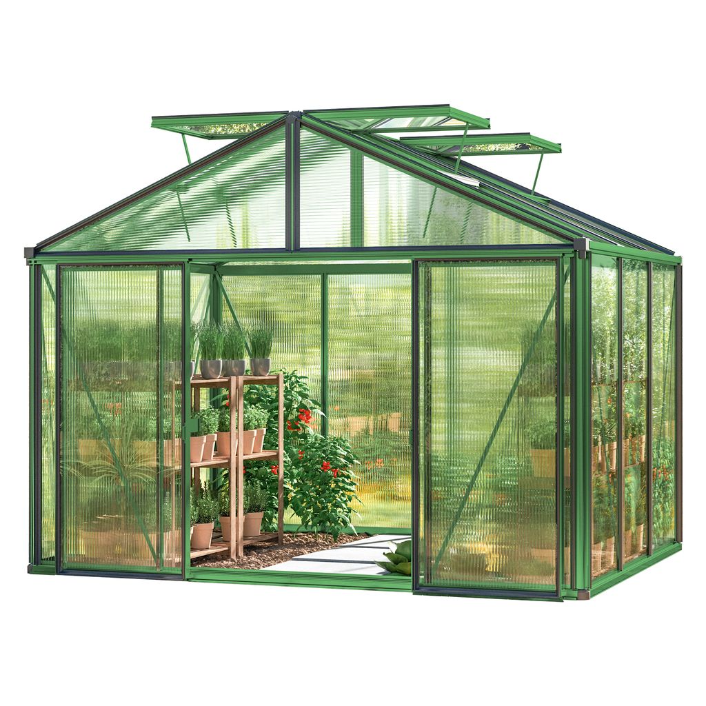 GFP Gewächshaus Asteria 21 Premium 311x235 cm mit integriertem Fundament 16 mm Doppelstegplatten, Farbe Moosgrün