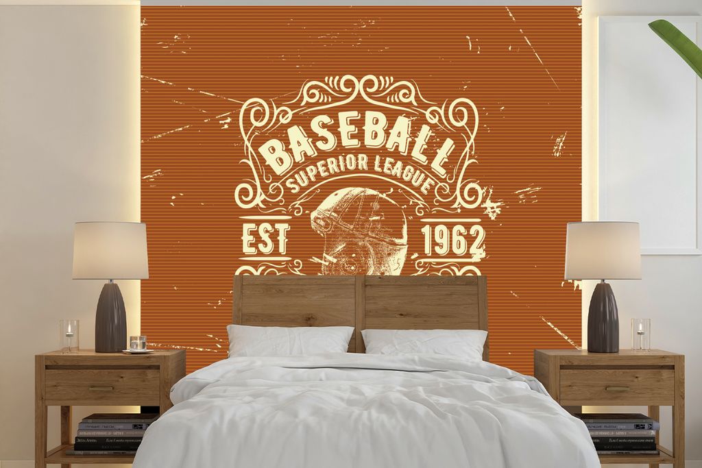 MuchoWow Fototapete für Wohnzimmer oder Schlafzimmer Wandtapete Vinyl Motivtapete Jahrgang - Baseball - Braun - 260x260 cm - Papiertapeten