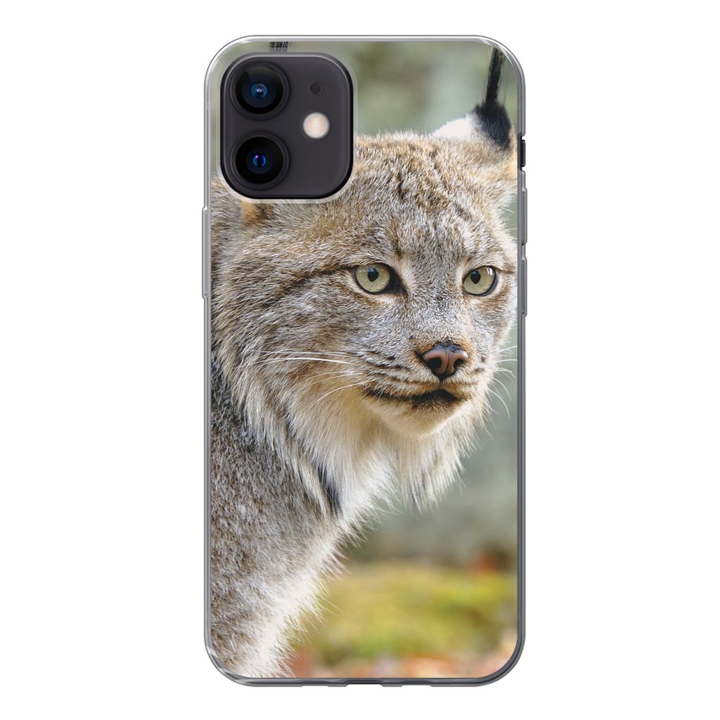 MuchoWow Handyhülle Schutzhülle Hülle für iPhone 12 Luchs - Wald - Grau Silikon Softcase Handy Hülle - Schutzhülle