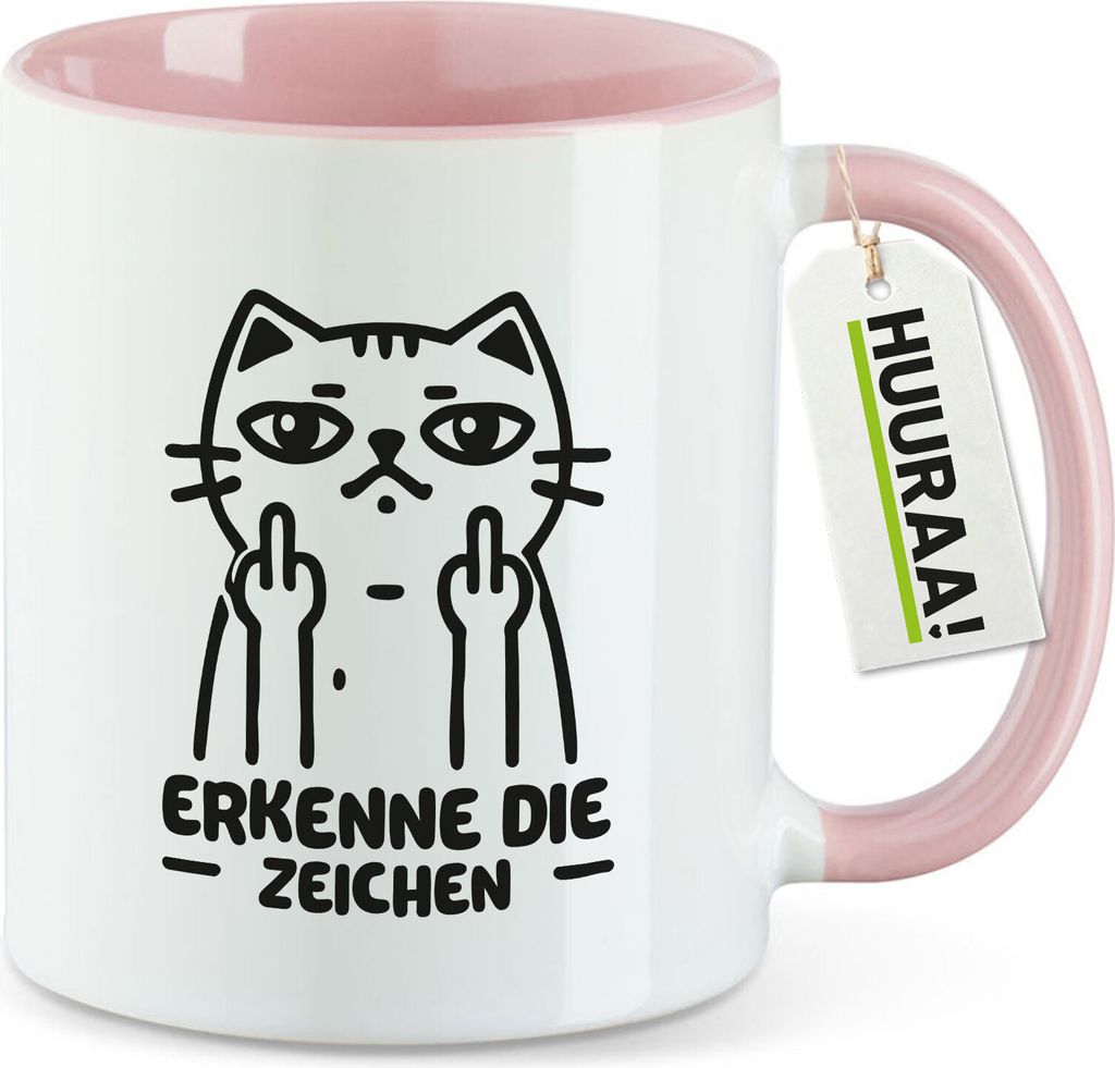Huuraa Kaffeetasse Erkenne die Zeichen grimmige Katze 330ml Rosa Keramik Kaffeebecher Geschenkidee
