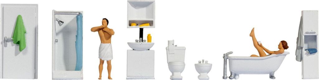NOCH H0 Figuren-Themenwelt „Badezimmer“, Detailreiche Dekoration für Modelleisenbahn H0