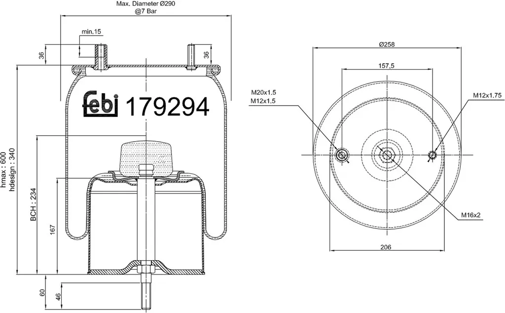 Amortisseur pneumatique FEBI 179294 soufflet de suspension 600 mm