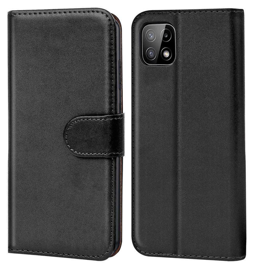 A black flip case for a smartphone is shown from two angles.