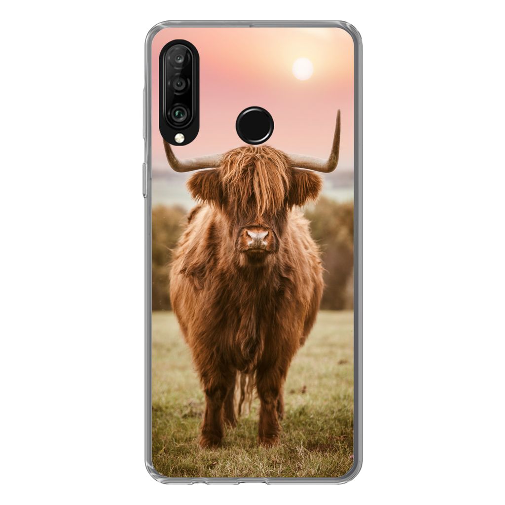 MuchoWow Handyhülle Schutzhülle Hülle für Huawei P30 Lite Schottischer Highlander - Sonne - Himmel Silikon Softcase Handy Hülle - Handyhülle