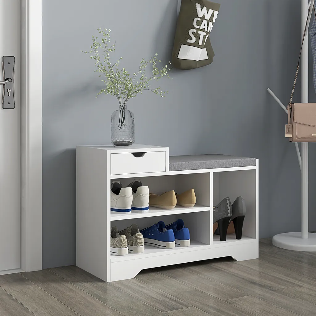 Banc de rangement d'entrée meuble à chaussures blanc avec coussin - 7