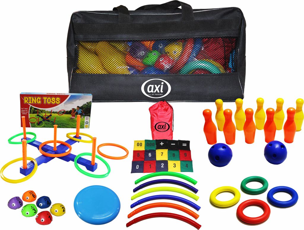 AXI Kids Activity Bag Gartenspielzeug für Kinder mit Tragetasche | Spielzeug für den Garten | U.a. Bean Bags, Kegeln, Ringe werfen