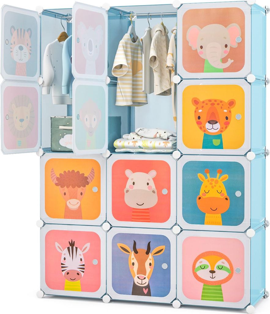 GOPLUS Kleiderschrank Kinder mit 12 Würfeln, Kinderregal mit Türen & Aufhängern, Regalsystem aus Kunststoff für Spielzeug, mit 12 Würfeln, Blau