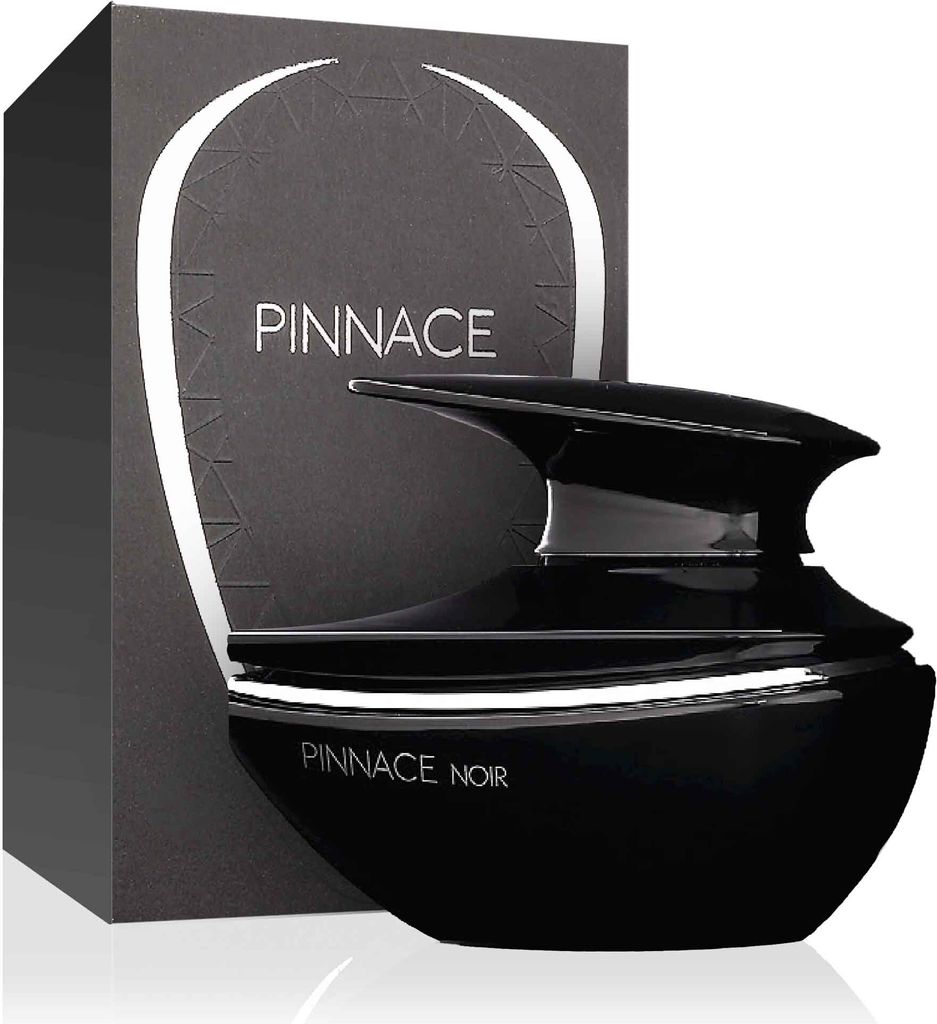 A black perfume bottle and its packaging are displayed against a white background.