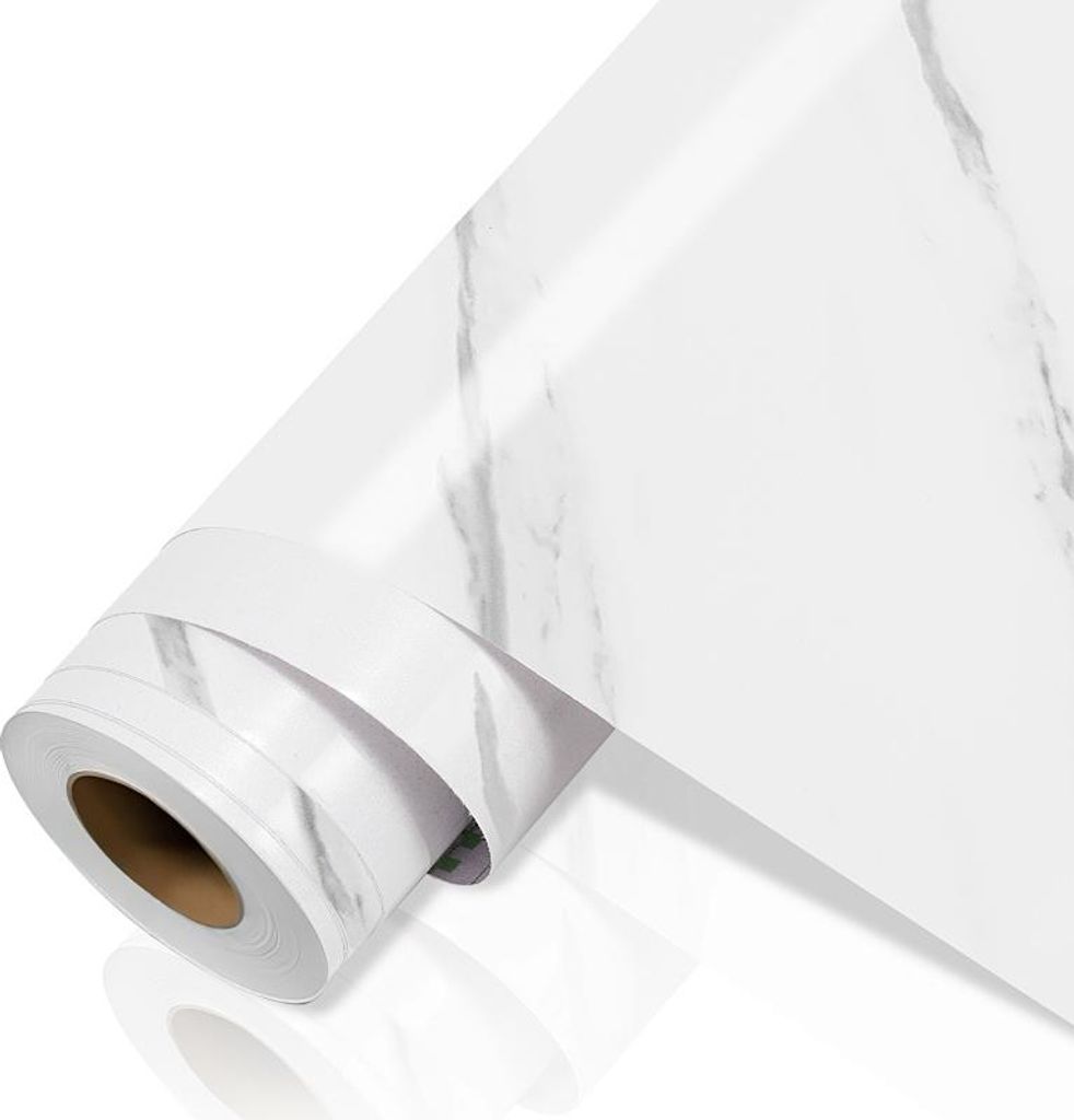 Faziango Selbstklebende PVC Tapetenfolie 500×61 cm, Möbelfolie in weißer Marmoroptik, wasserfest, für Küche und Möbel