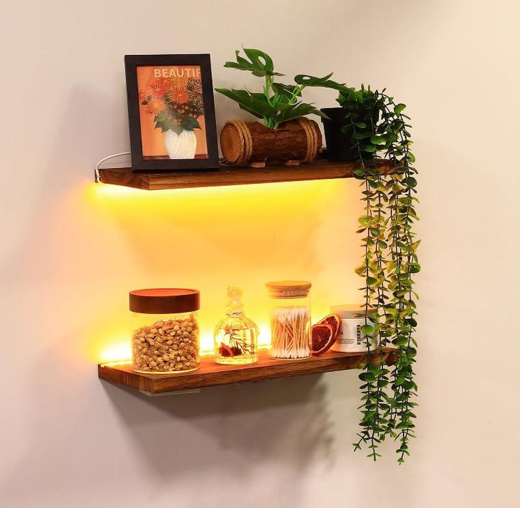 Schwebende Wandregale mit LED-Lichterkette, Wandregal aus Holz, Hängeregal, modernes Dekoregal für Wohnzimmer, Schlafzimmer, Küche, Büro