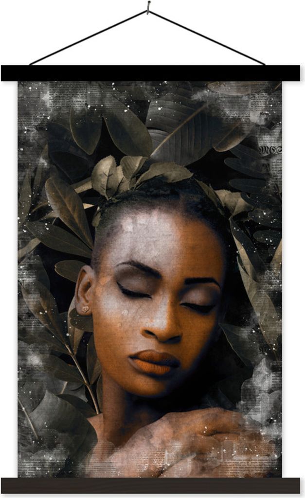 MuchoWow Textilposter Frau - Laub - Zeitung 120x180 cm mit schwarzem Rahmen - Fotos