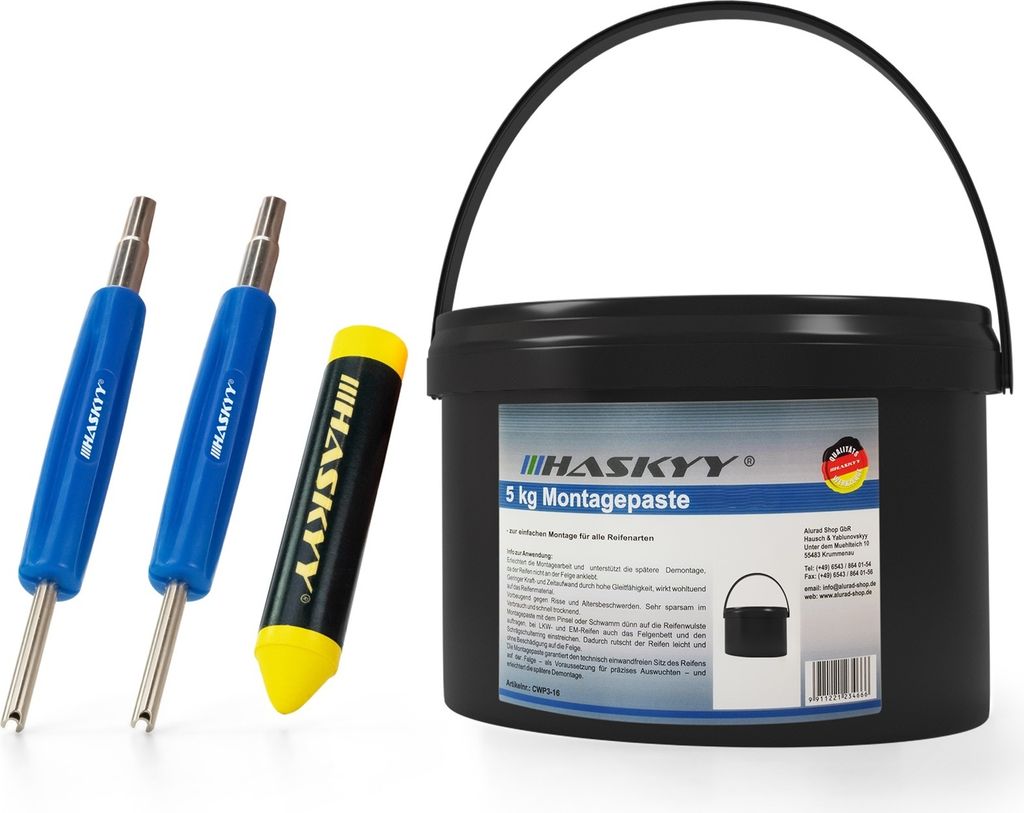 HASKYY 5kg Reifenmontagepaste Schwarz 2x Ventileindreher Fettkreide