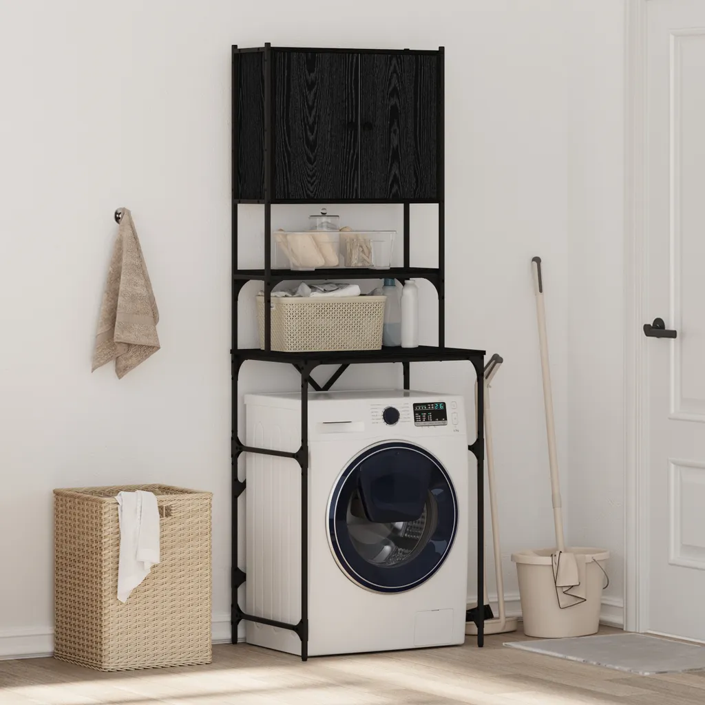 Meuble dessus lave-linge en bois Chêne noir - Colonne de buanderie 194cm