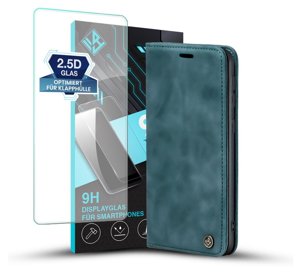 A teal flip phone case and a screen protector are displayed against a white background.