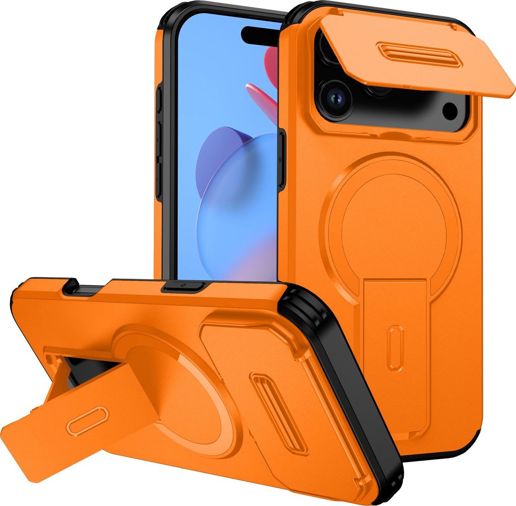 Magnetisch Hülle für iPhone 17 Pro Max, Dual Layer Stoßfest Handyhülle mit Dia Kameraschutz, Verstellbarem Ständer Orange