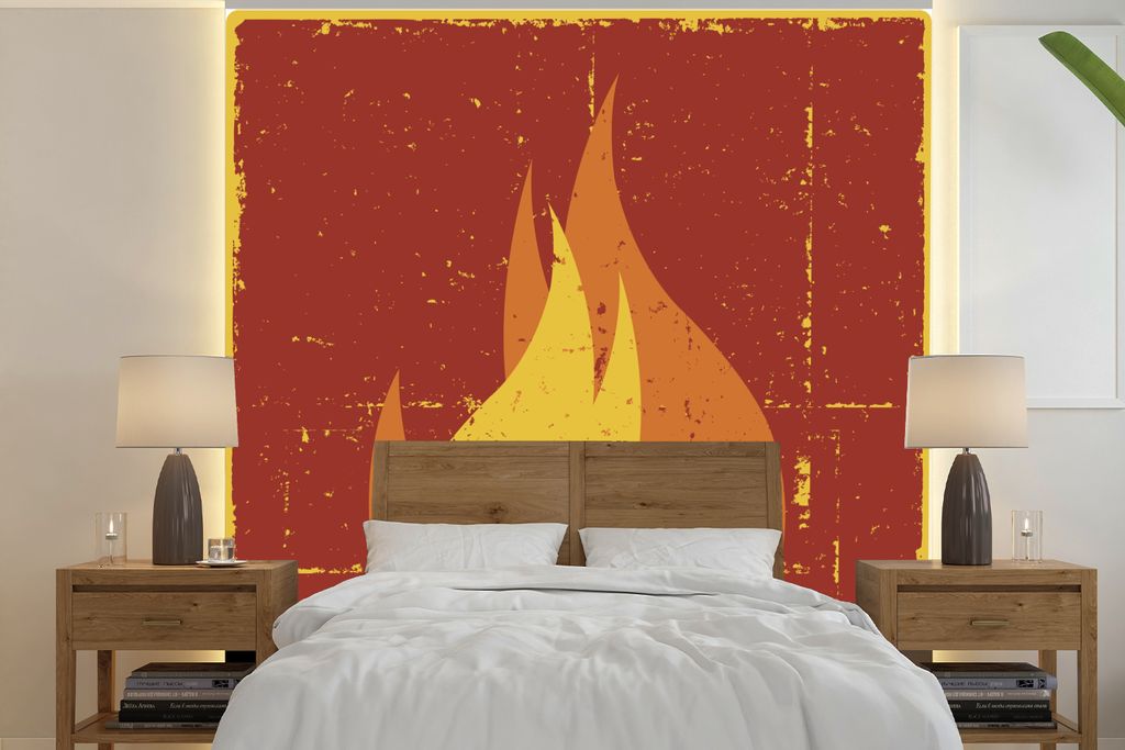 MuchoWow Fototapete für Wohnzimmer oder Schlafzimmer Wandtapete Vinyl Motivtapete Eine Illustration einer orangefarbenen Flamme - 240x240 cm - S...