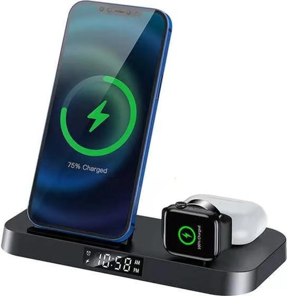 Station de charge induction 4-en-1 et réveil LED 15W coloris Noir