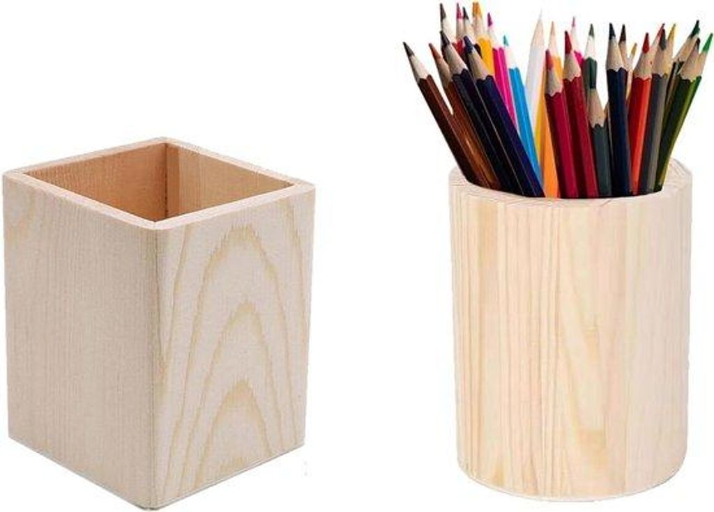 Houten Pennenhalterer Set (2 Stück) - Runde und Quadratische Pennenhalter - Selbstbau - Büro & Make-up Pins