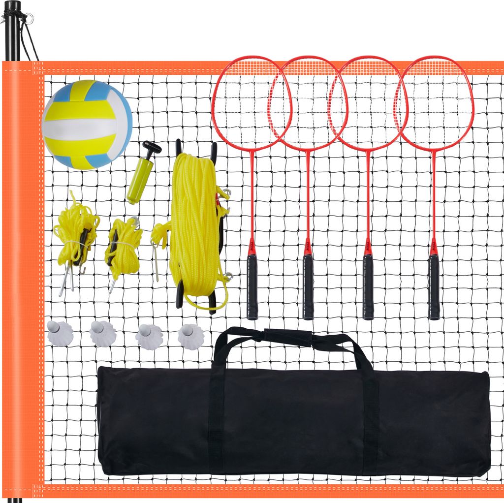 SucceBuy Volleyball- und Badminton-Set, tragbares Outdoor-Netz mit verstellbaren Stahlstangen, professionelles Kombi-Set inkl. PVC-Volleyball, Pump...