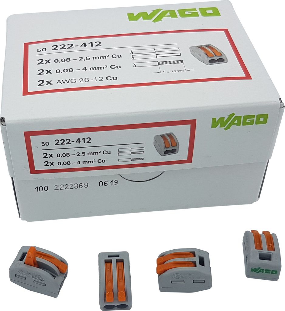 30 Stück Wago 222-412 Verbindungsklemme 2 Leiter mit Betätigungshebel 0,08-4 mm², grau