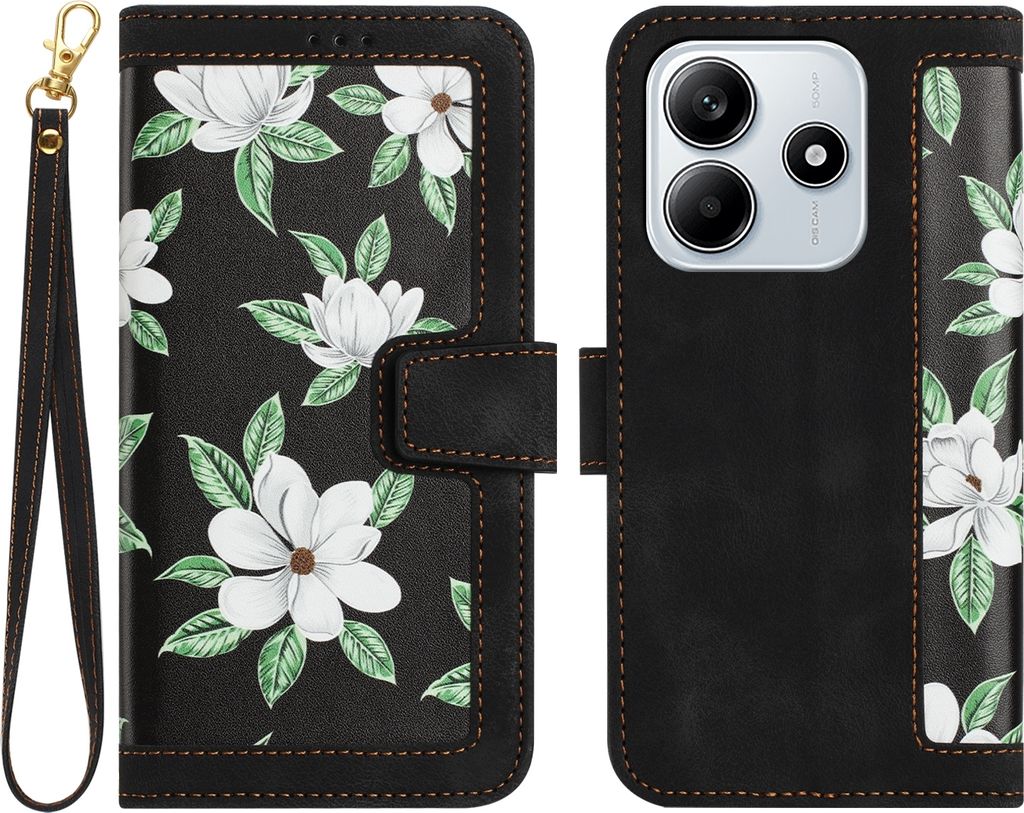 Für Xiaomi Redmi Note 14 5G Kunstleder Wallet Handy Tasche Blumen Design Hülle Etuis Schwarz