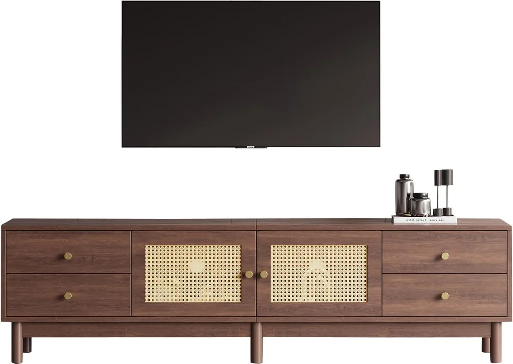 Banc TV rétro 180 cm en rotin tressé et bois brun pour grand salon