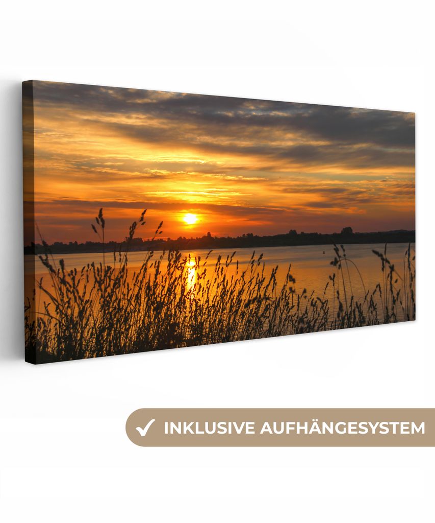 MuchoWow - Leinwandbilder - Sonnenuntergang - Meer - Horizont - Himmel - Pflanzen, Wandbild, Wanddeko Bilder Wohnzimmer, 80x40 cm