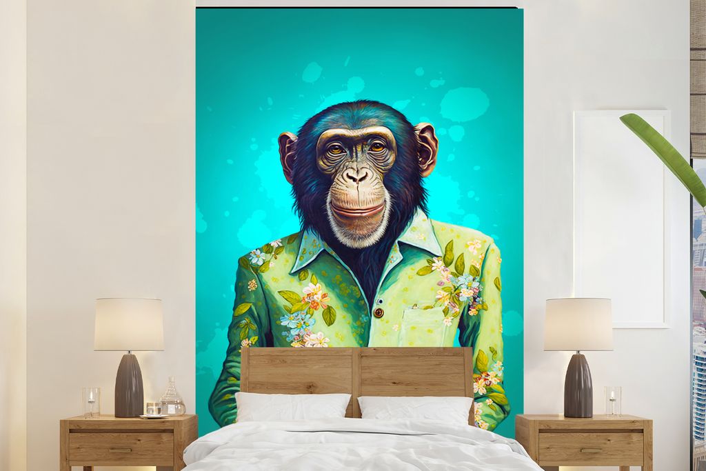 MuchoWow Fototapete für Wohnzimmer oder Schlafzimmer Wandtapete Vinyl Motivtapete Affe - Bluse - Blumen - Grün - Porträt - 155x240 cm - Tapete