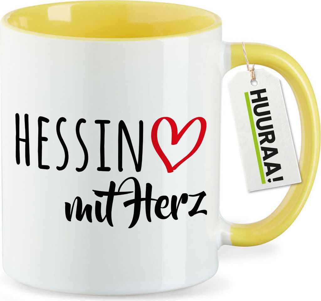 Huuraa Kaffeetasse Hessin mit Herz 330ml Gelb Keramik Kaffeebecher Geschenkidee
