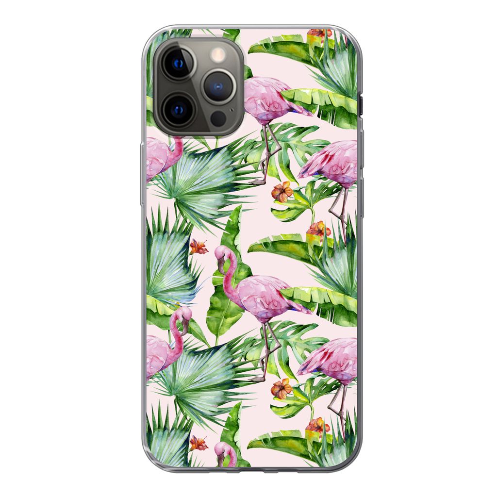MuchoWow Handyhülle Schutzhülle Hülle für iPhone 12 Pro Flamingo - Pflanzen - Muster Silikon Softcase Handy Hülle - Abdeckung